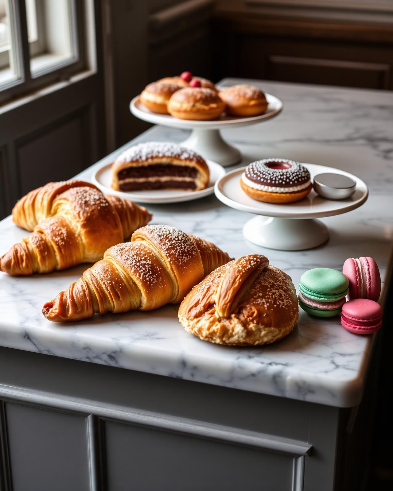 Croissants, pain au chocolat e macarons sobre mármore