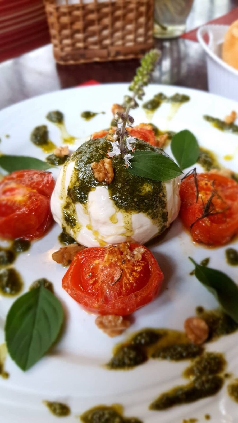 Burrata com tomate confit e pesto